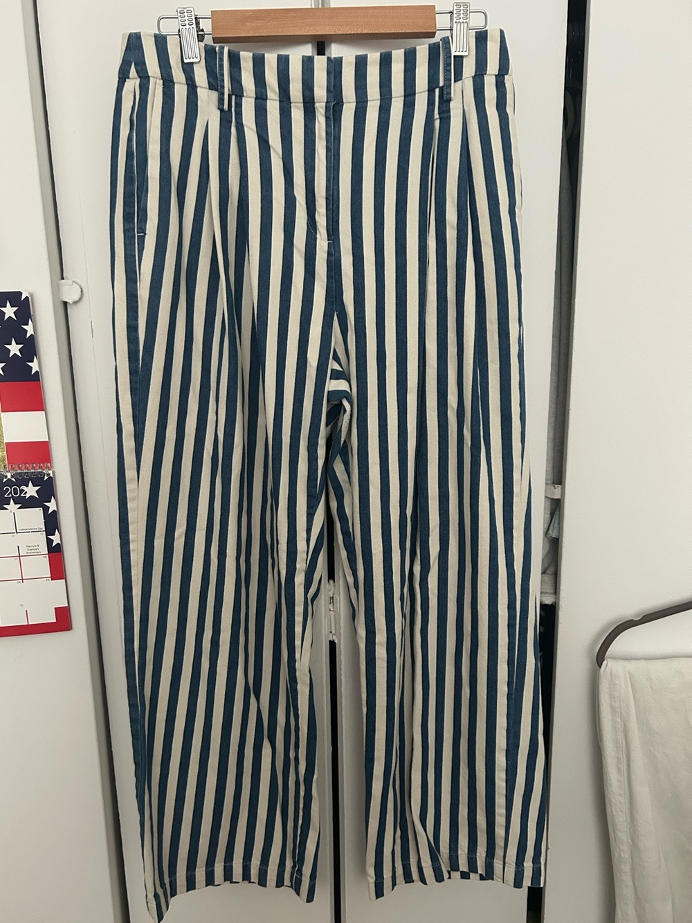 J. Crew Blue and White Vertical Stripe Straight-Leg Jeans